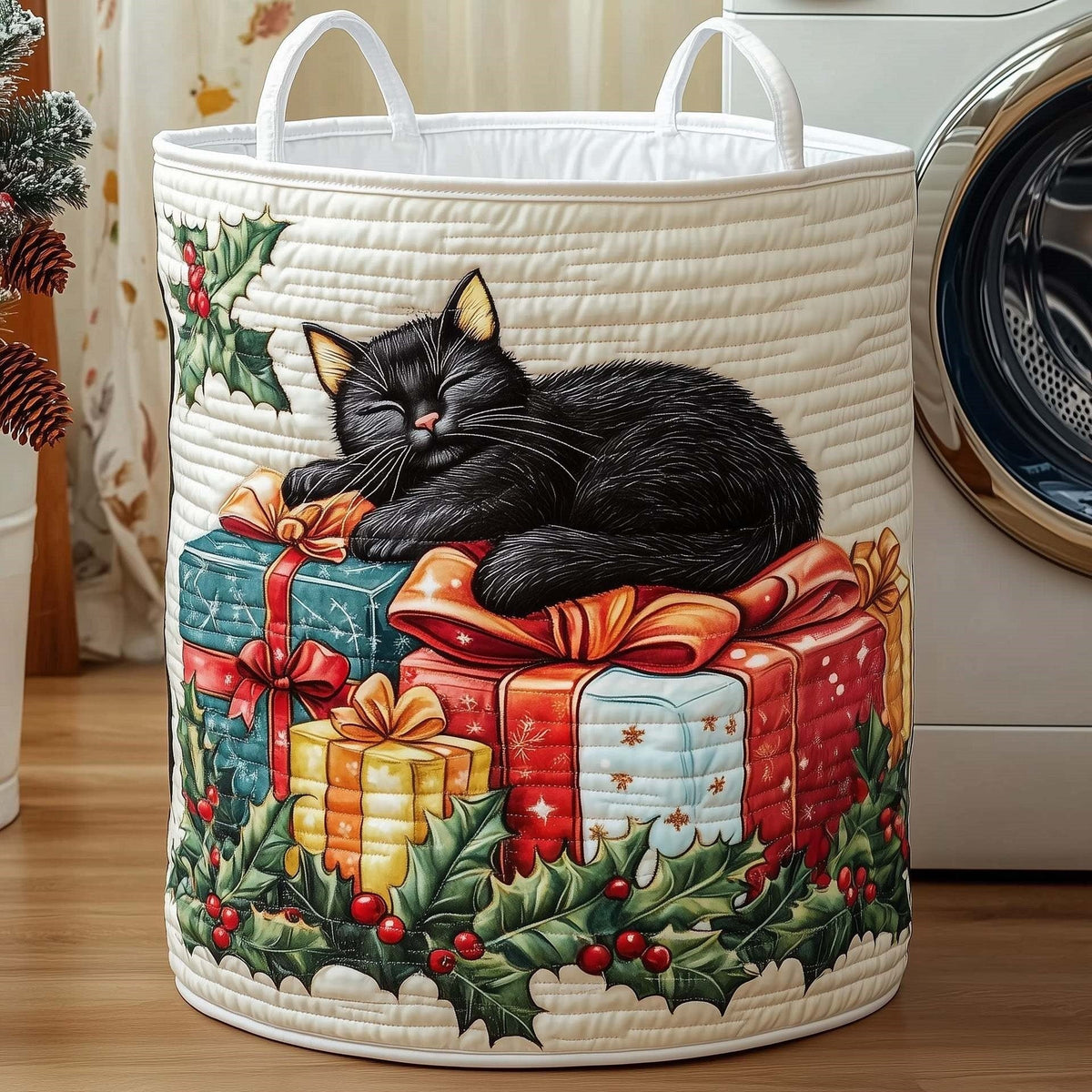 Ida hand-quilted laundry basket with a black cat napping on wrapped presents with holly, front view
