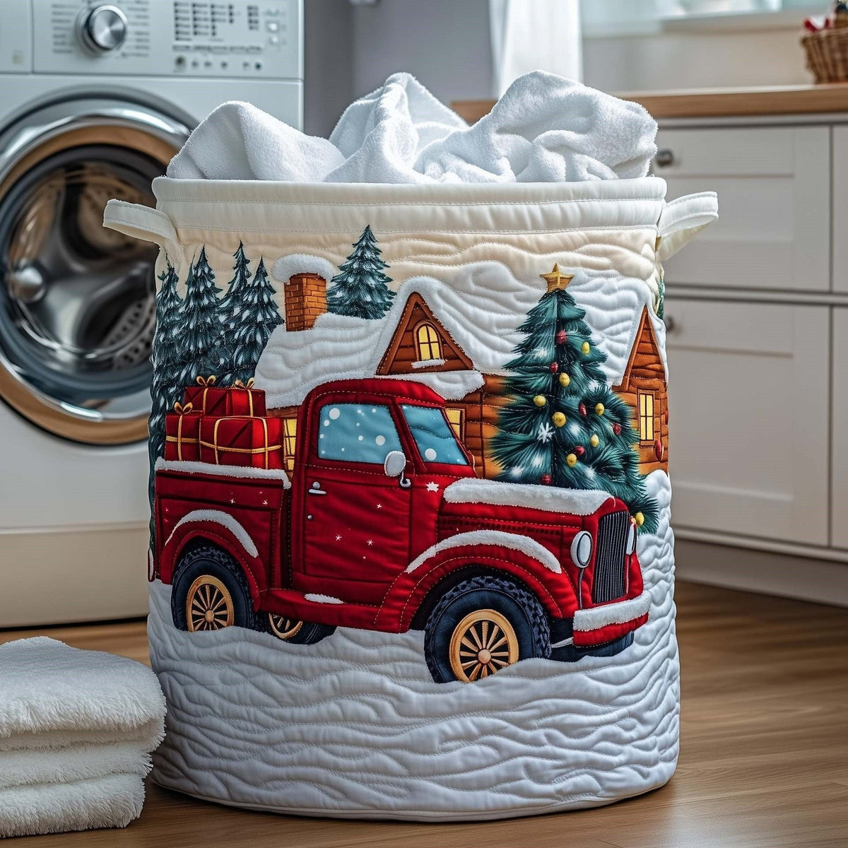 Giovanna hand-quilted laundry basket with a red truck loaded with gifts beside snowy cottages and a Christmas tree, front view