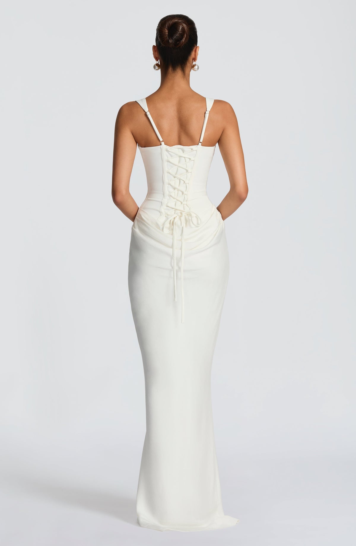 Persis corset-style square-neck maxi dress in white, lace-up back view