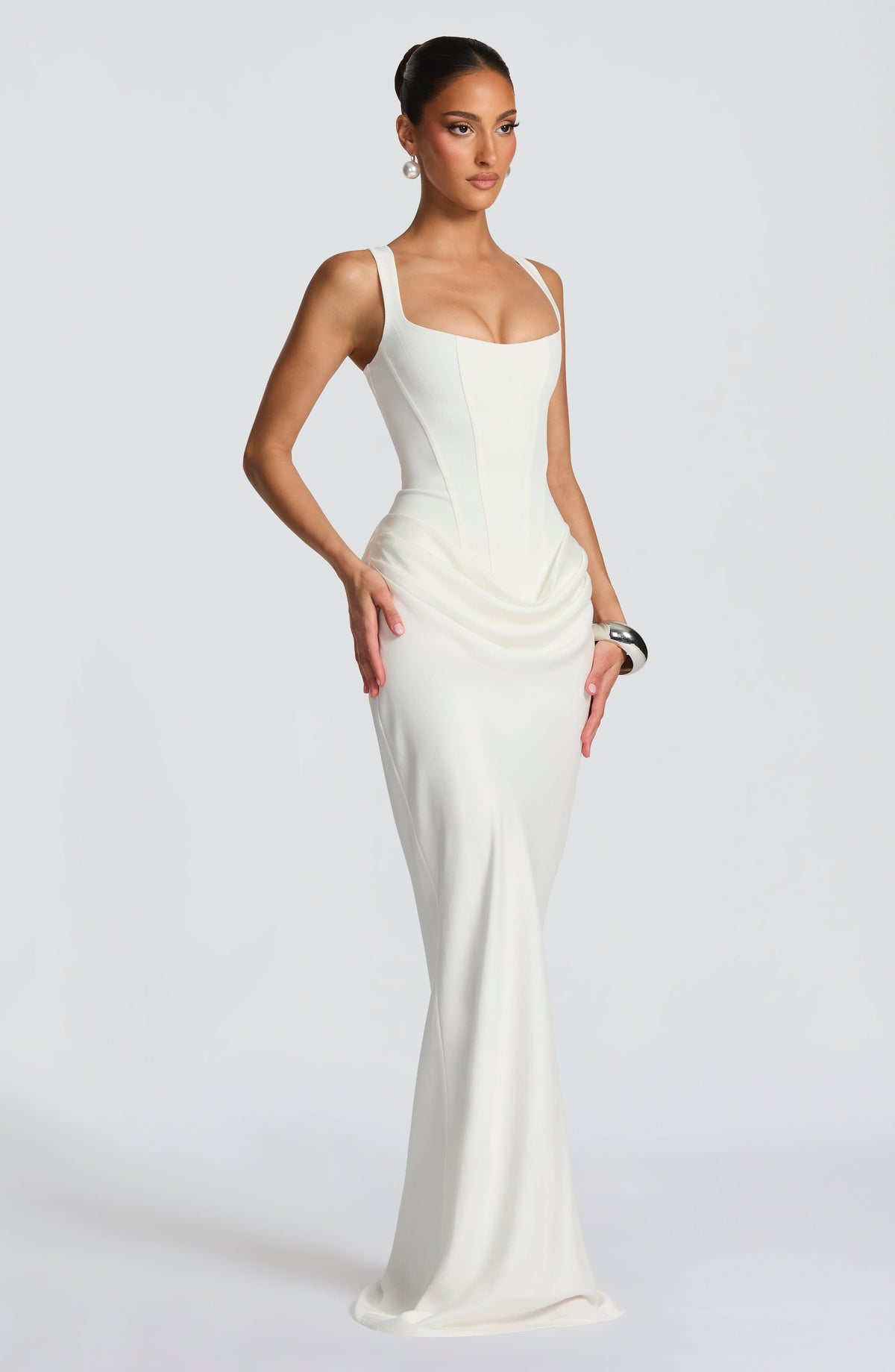 Persis corset-style square-neck maxi dress in white, side view