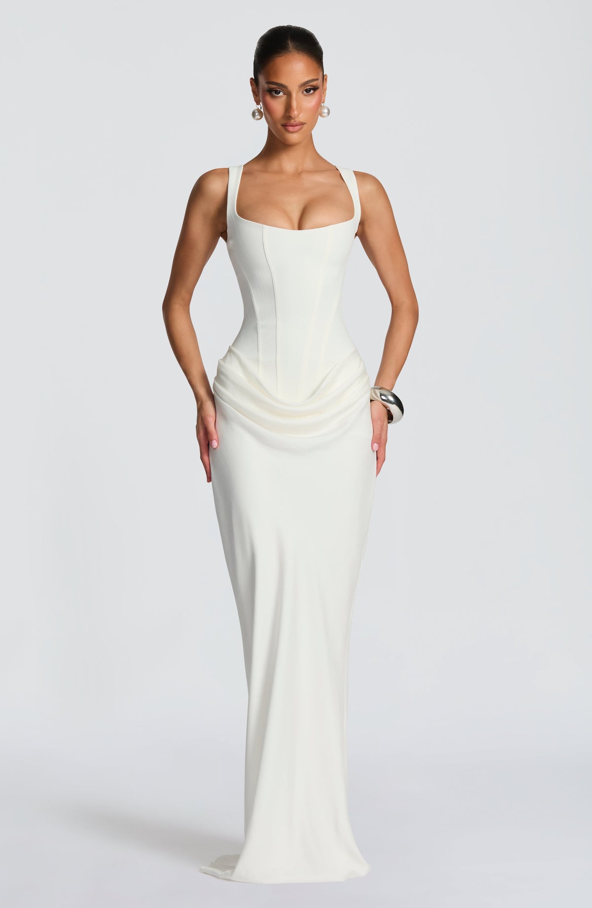 Persis corset-style square-neck maxi dress in white, front view