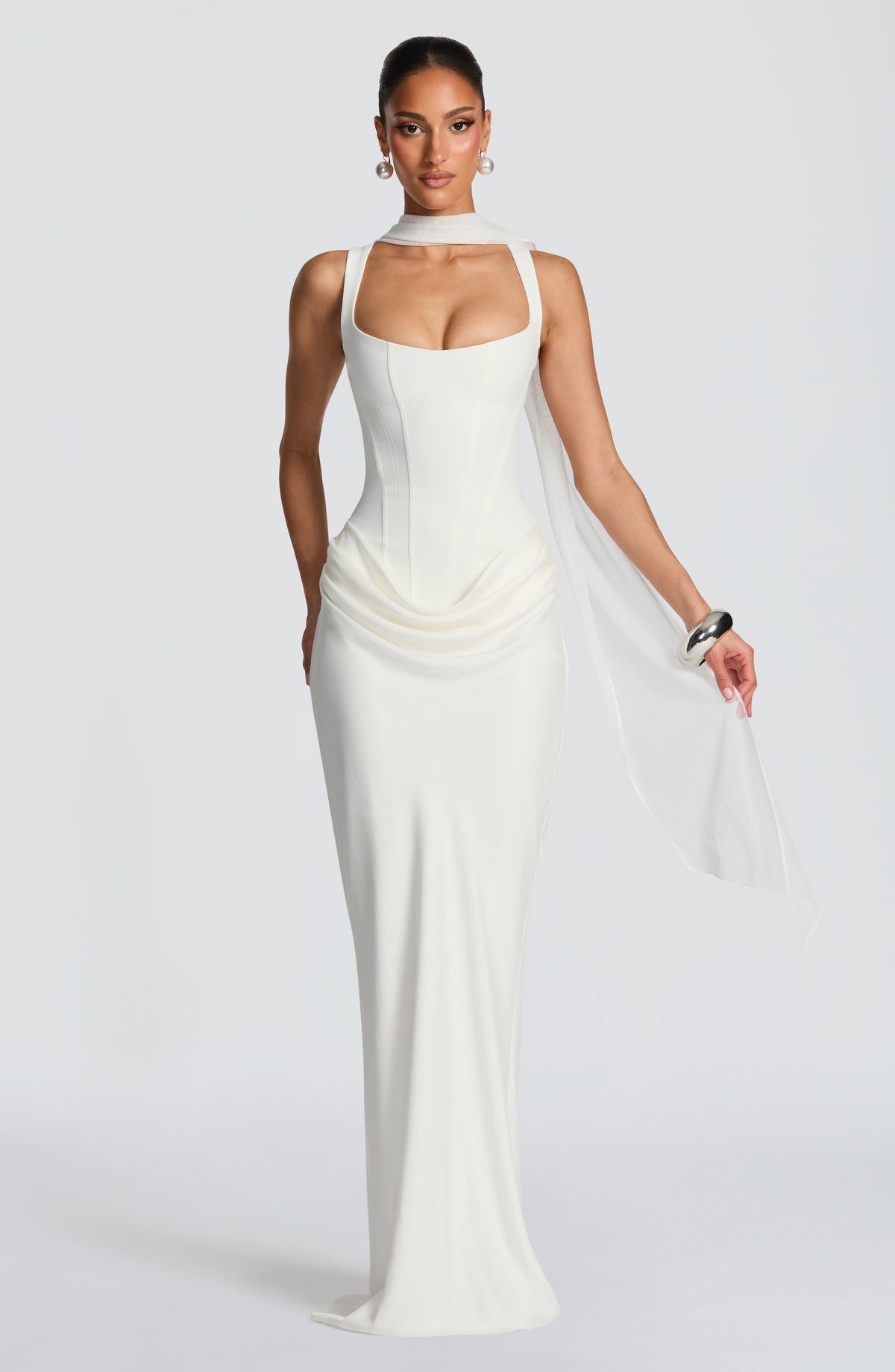 Persis corset-style square-neck maxi dress in white, styled with scarf