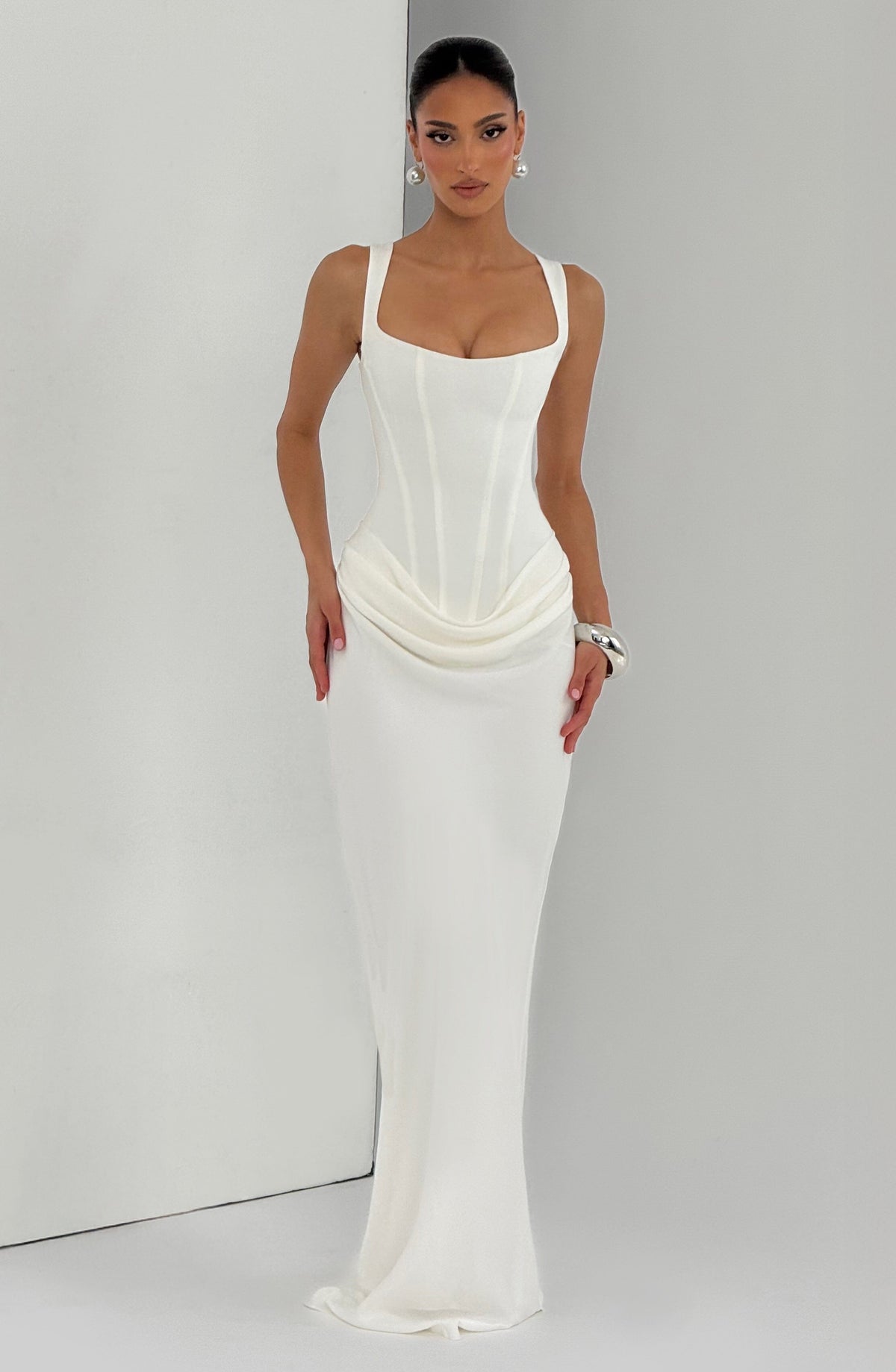 Persis corset-style square-neck maxi dress in white, full-length view