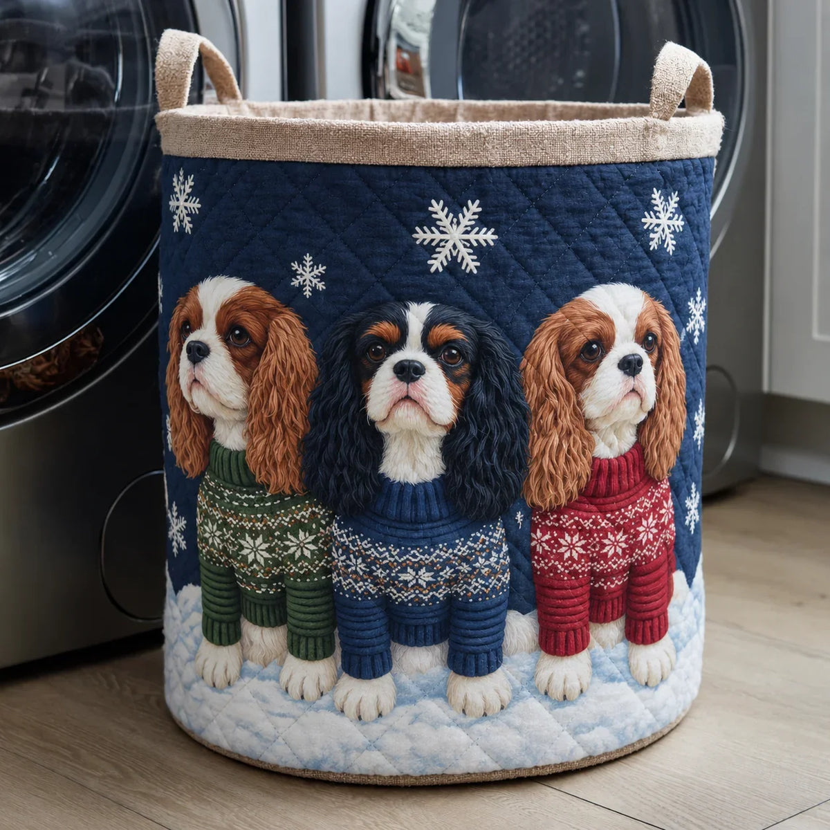 Cristina hand-quilted laundry basket with three Cavalier King Charles spaniels in knitted jumpers, front view