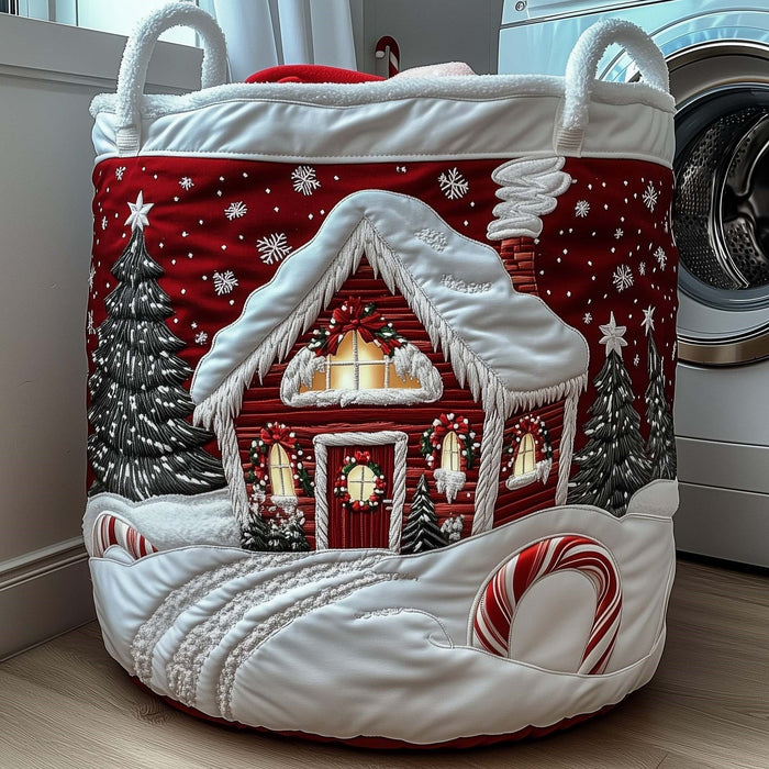 Leda hand-quilted laundry basket with a glowing red cabin and candy cane in the snow, front view