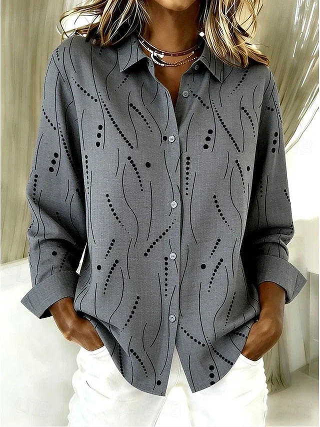 Pernella dotted line print blouse in grey, front view with rolled cuffs