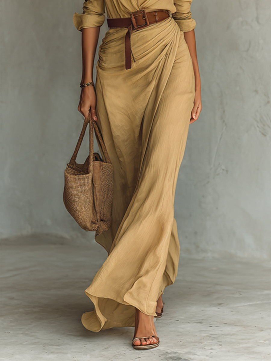 Rhona belted maxi shirt dress in khaki, skirt detail
