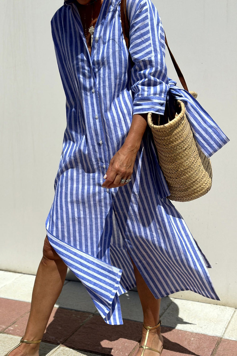 Sally striped midi shirt dress in blue stripes, front view in motion