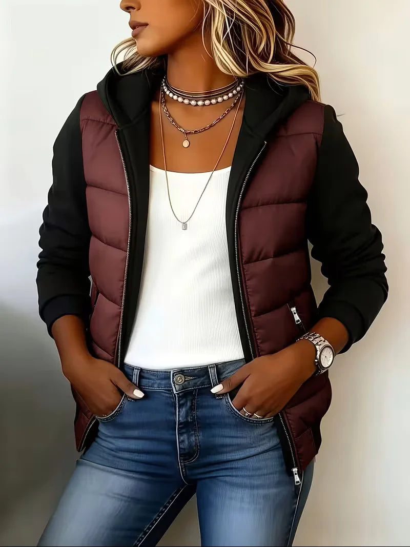Perpetua hooded padded layered jacket - detail view
