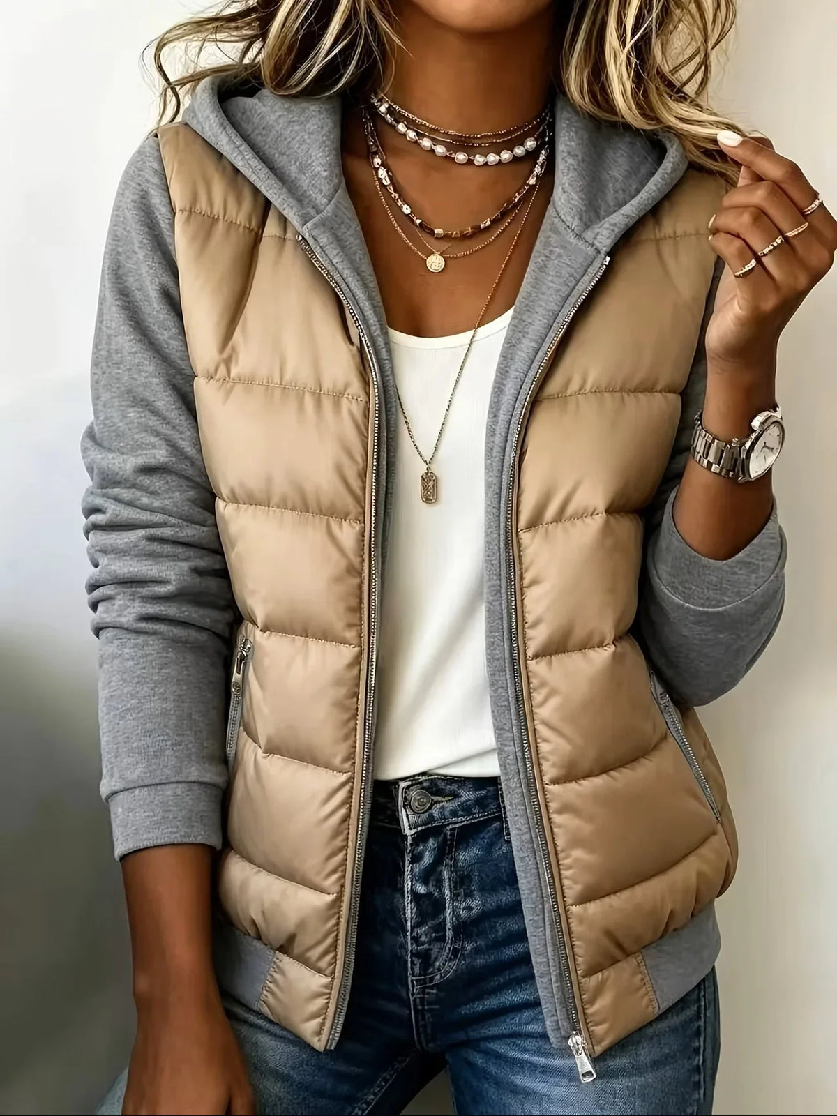 Perpetua hooded padded layered jacket in Beige