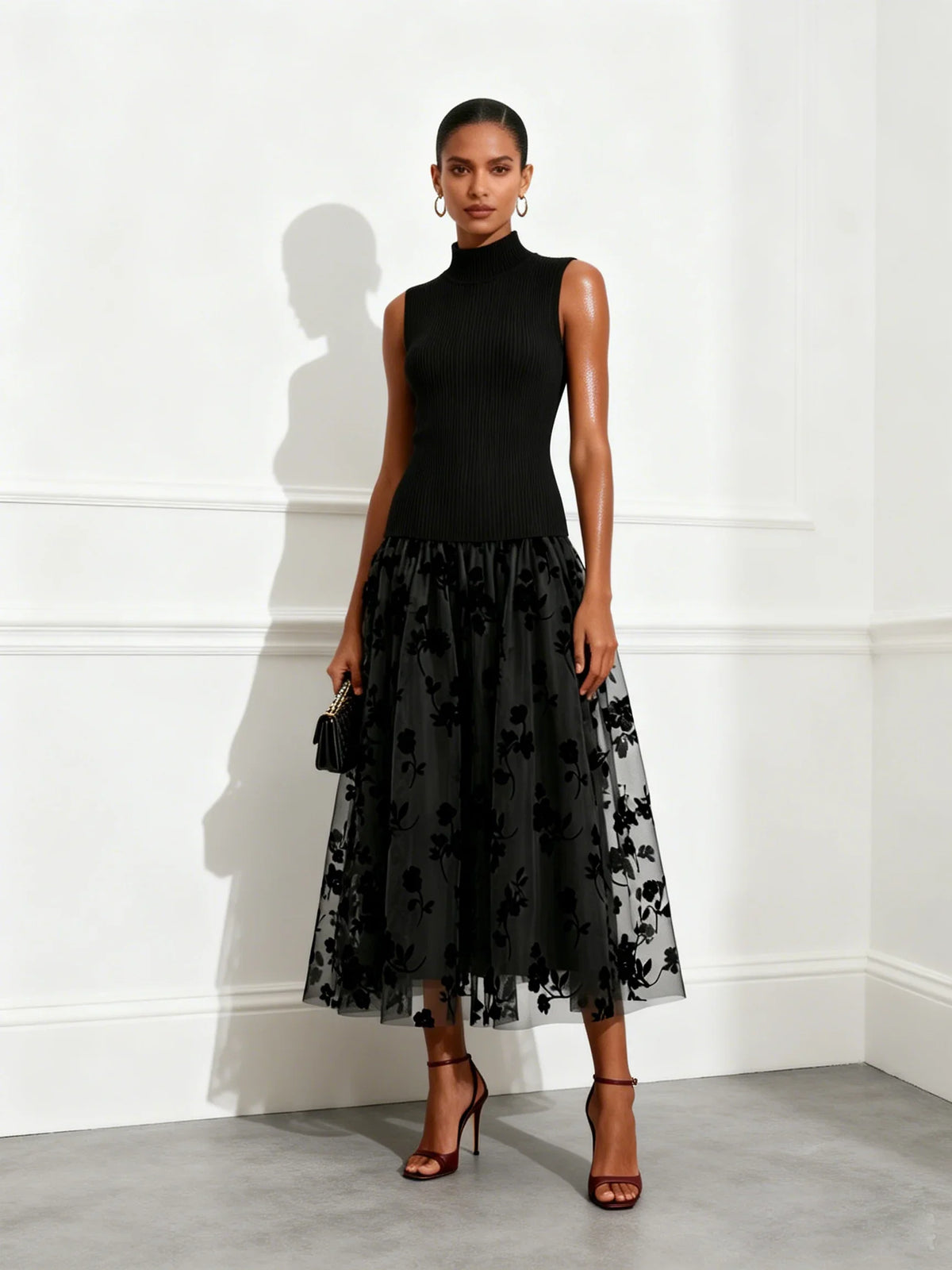 Annwen high-neck flocked tulle midi dress in Black, front view
