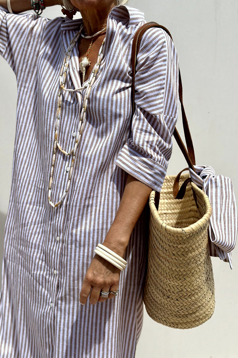 Sally striped midi shirt dress in sand stripes, close-up of collar and buttons