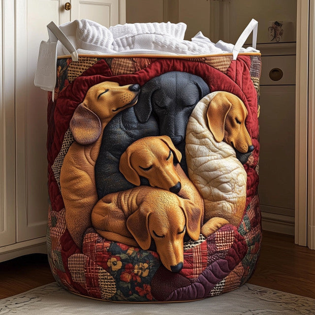 Carlotta hand-quilted laundry basket with sleeping dachshunds on patchwork, front view