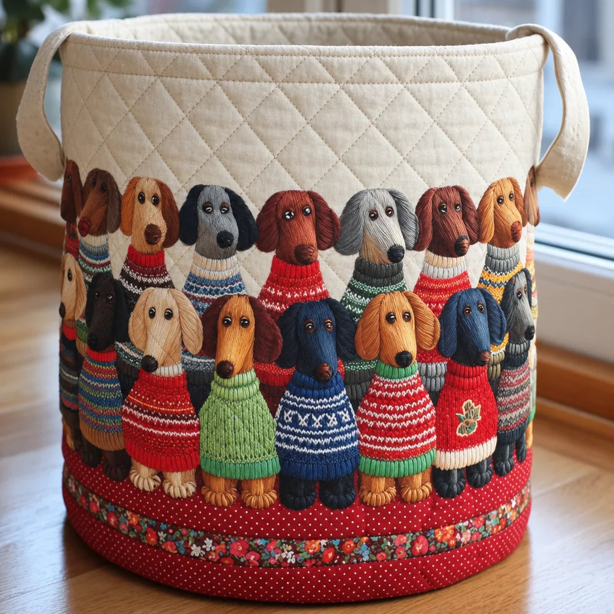 Debora hand-quilted laundry basket with rows of dachshunds in knitted jumpers, front view
