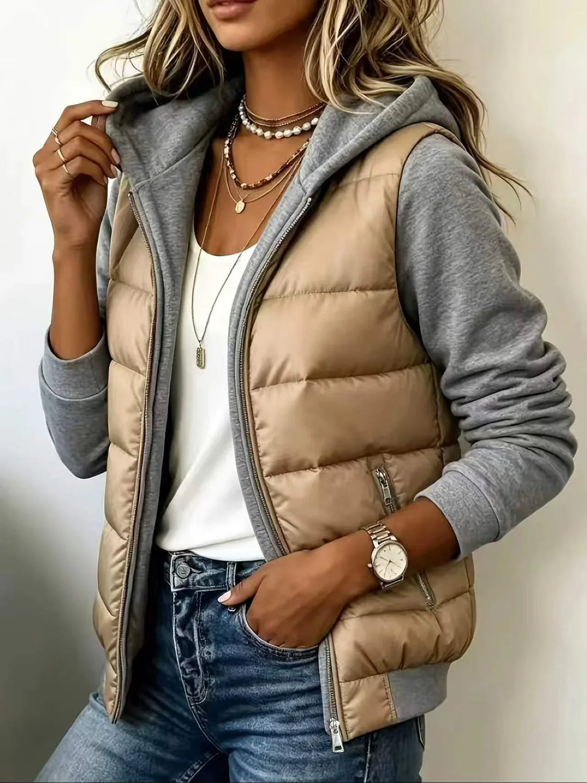 Perpetua hooded padded layered jacket - front view
