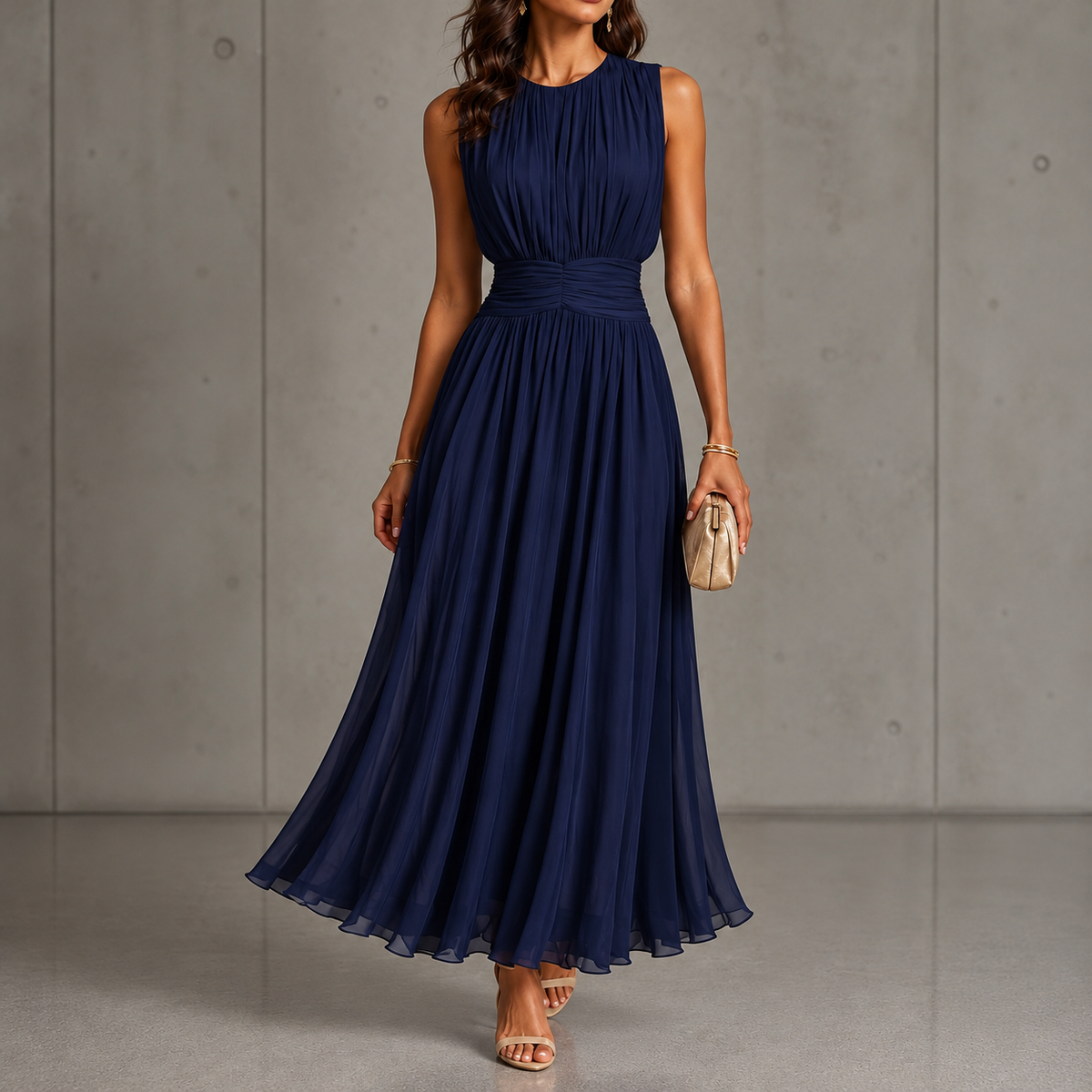Elestren ruched-waist maxi dress in navy blue, front view