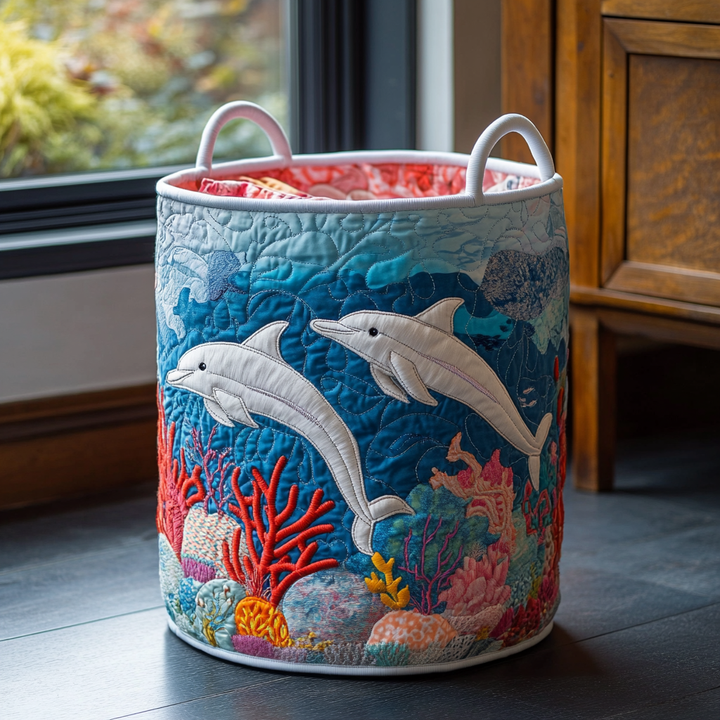 Camilla hand-quilted laundry basket with two dolphins over a colourful coral reef, front view