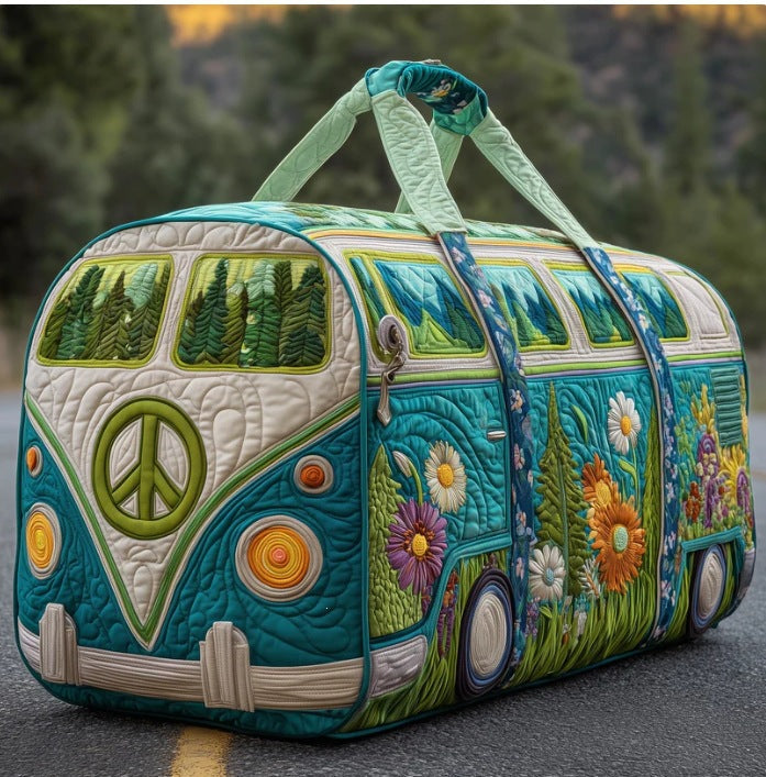 Aquavana quilted travel duffle bag with teal camper van and pine tree print