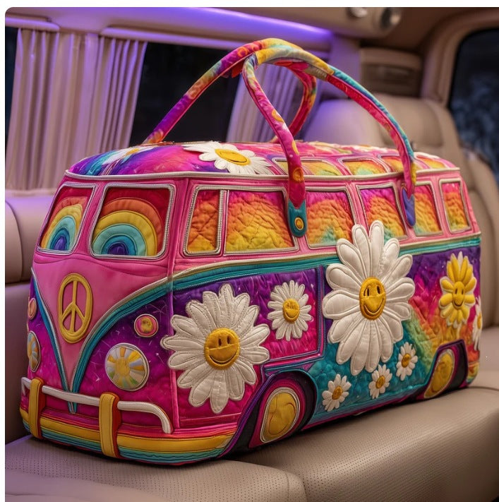 Joyvana quilted travel duffle bag with rainbow camper van and smiling daisies