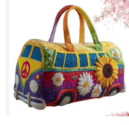 Sunflowvana quilted travel duffle bag with rainbow camper van and sunflower print
