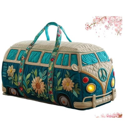 Tealvana quilted travel duffle bag with teal camper van and sunflower print