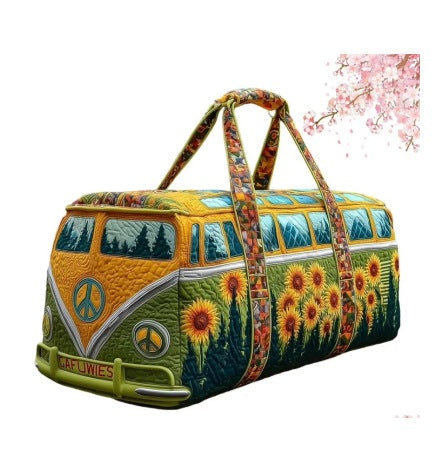 Goldenvana quilted travel duffle bag with golden camper van and sunflower field print