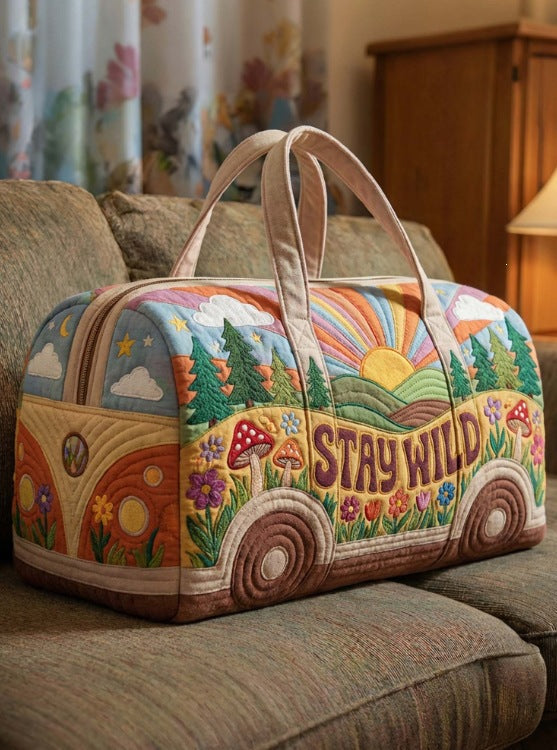 Roamvana quilted travel duffle bag with pastel rainbow camper van print
