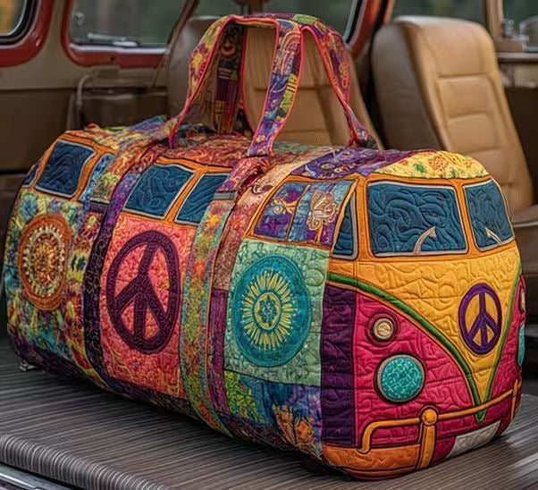 Bohovana quilted travel duffle bag with jewel-toned patchwork camper van print