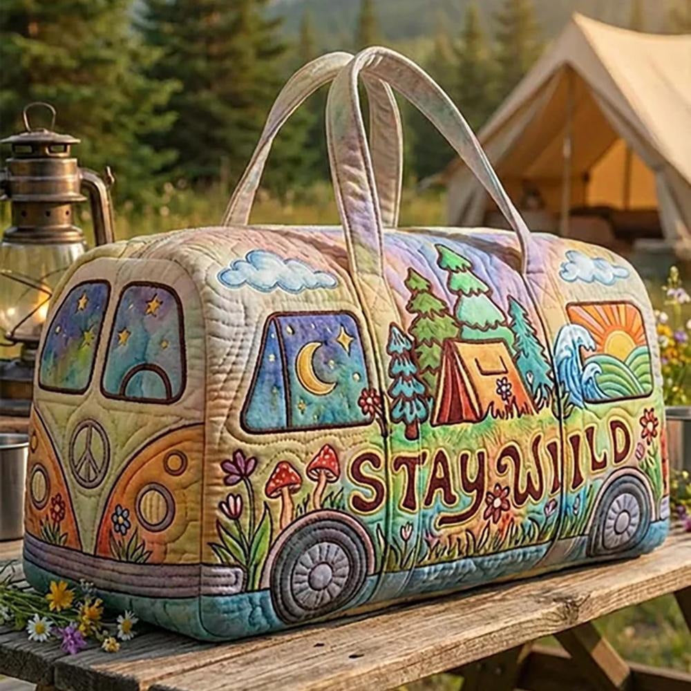 Campvana quilted travel duffle bag with pastel camper van and Stay Wild print