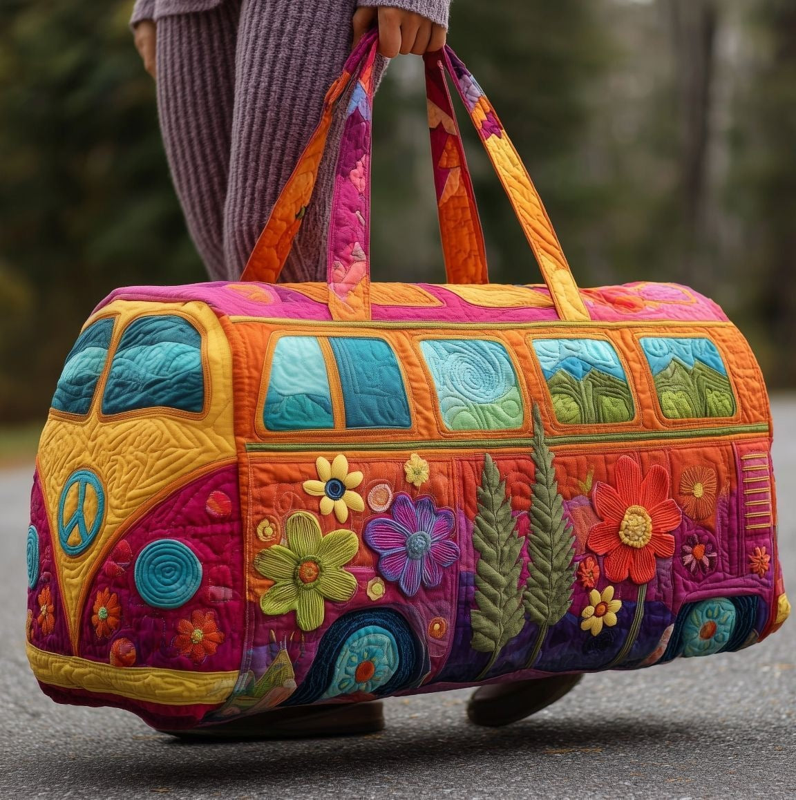 Petalvana quilted travel duffle bag with orange camper van and large flower print