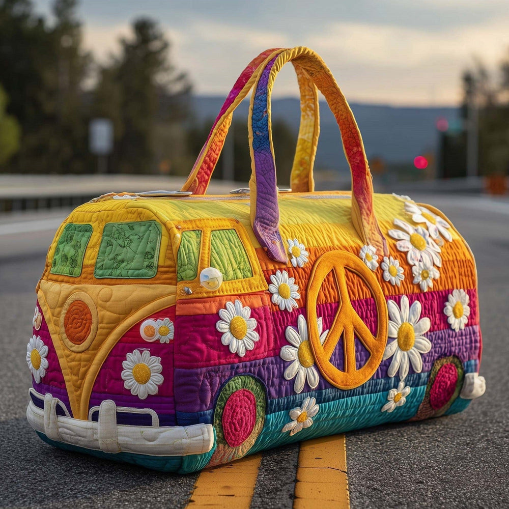 Daisyvana quilted travel duffle bag with colourful camper van and daisy print