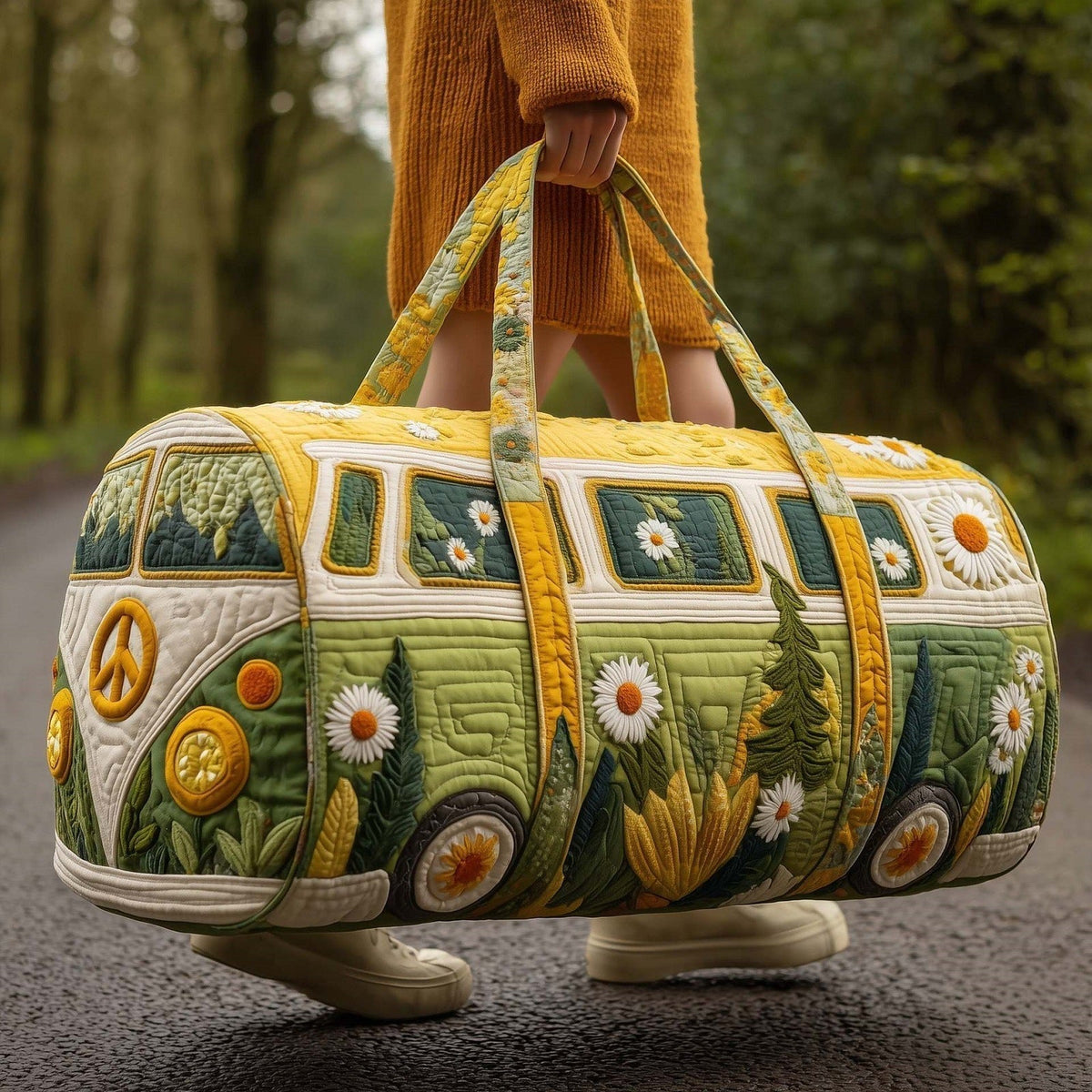 Meadowvana quilted travel duffle bag with green camper van and daisy print