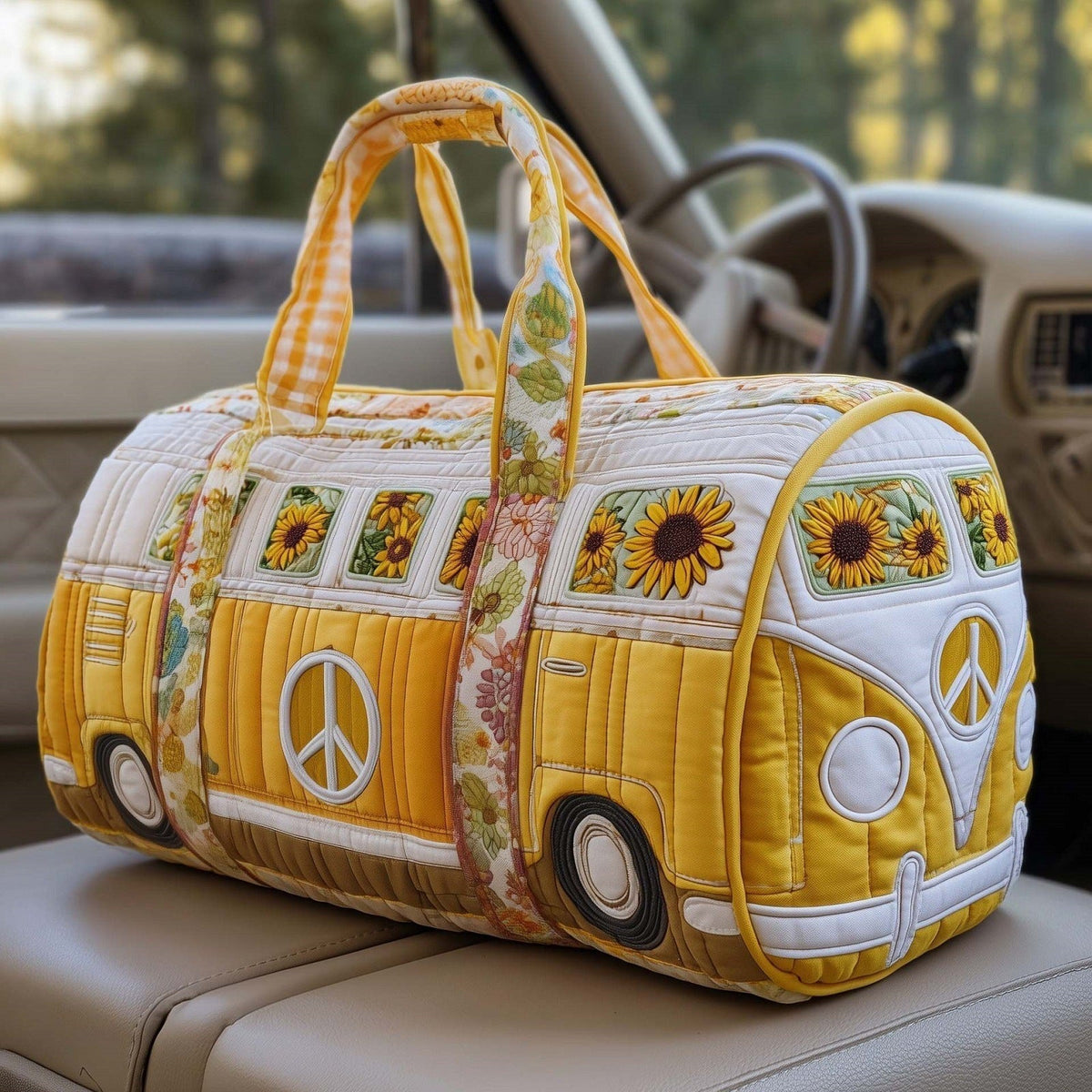 Sunvana quilted travel duffle bag with cream camper van and sunflower windows