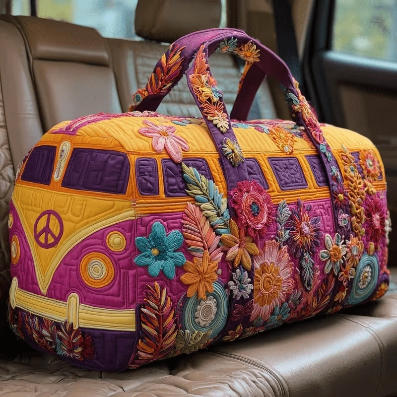 Floravana quilted travel duffle bag with flower-covered camper van print