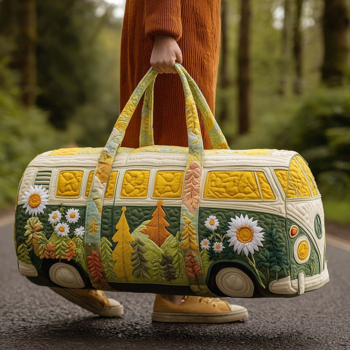 Forestvana quilted travel duffle bag with green camper van and pine forest print