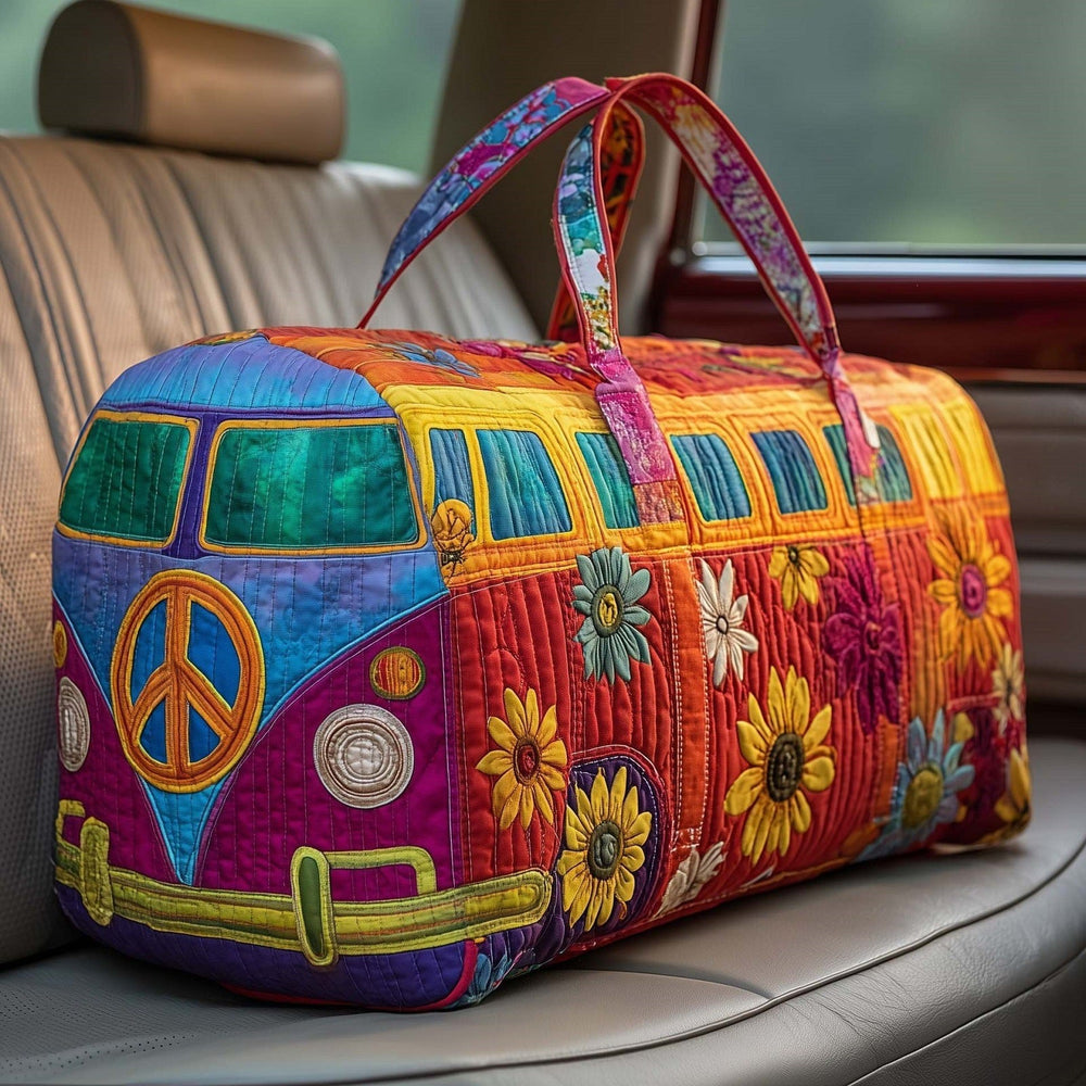 Rainbowvana quilted travel duffle bag with patchwork camper van and sunflower print