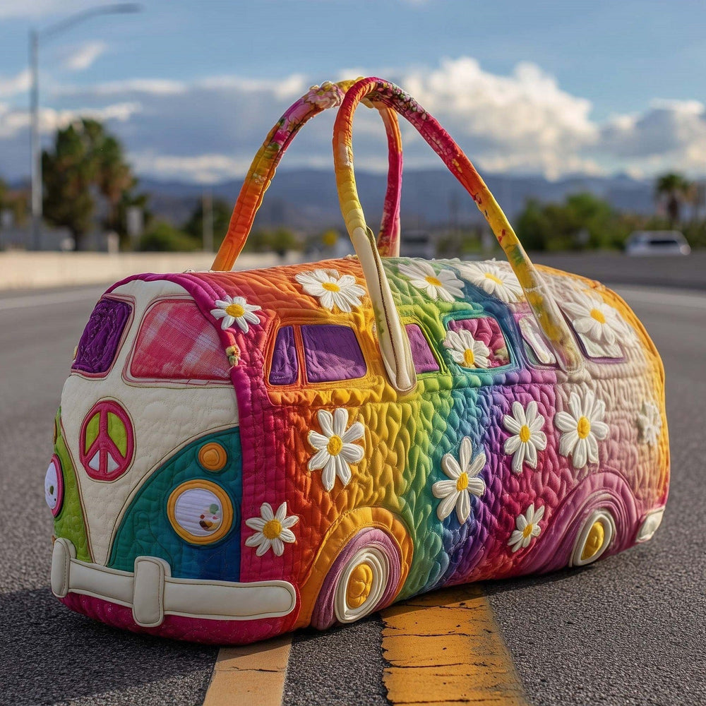 Prismvana quilted travel duffle bag with rainbow camper van and daisy print
