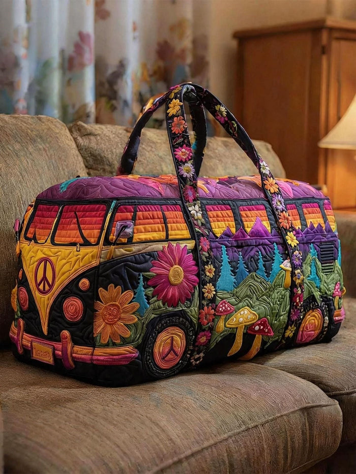 Wildvana quilted travel duffle bag with sunset camper van and daisy print