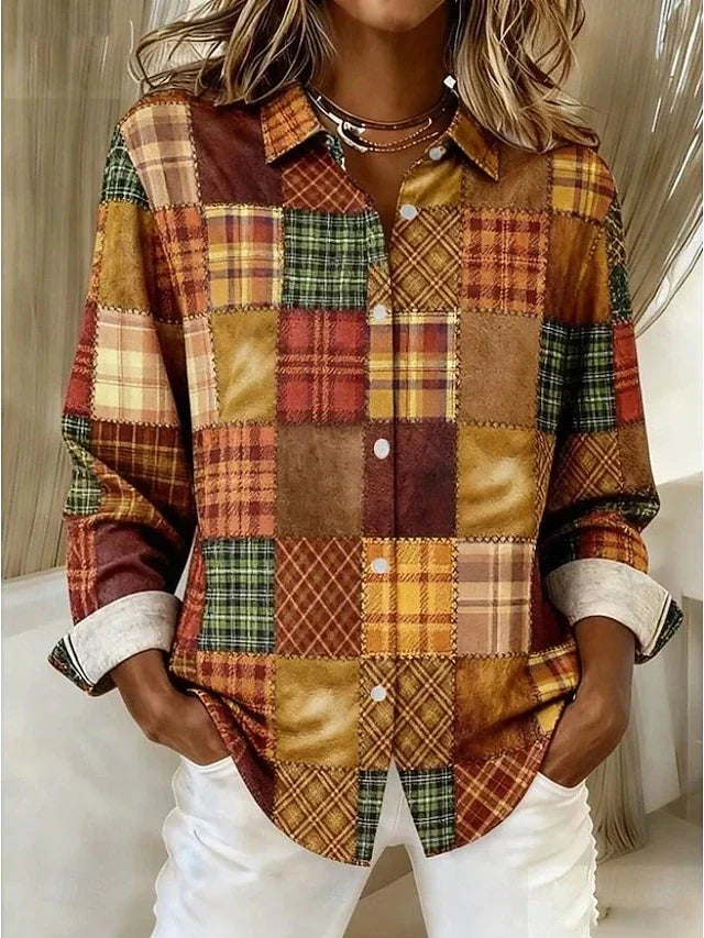 Merritt vintage patchwork blouse in brown plaid, front view