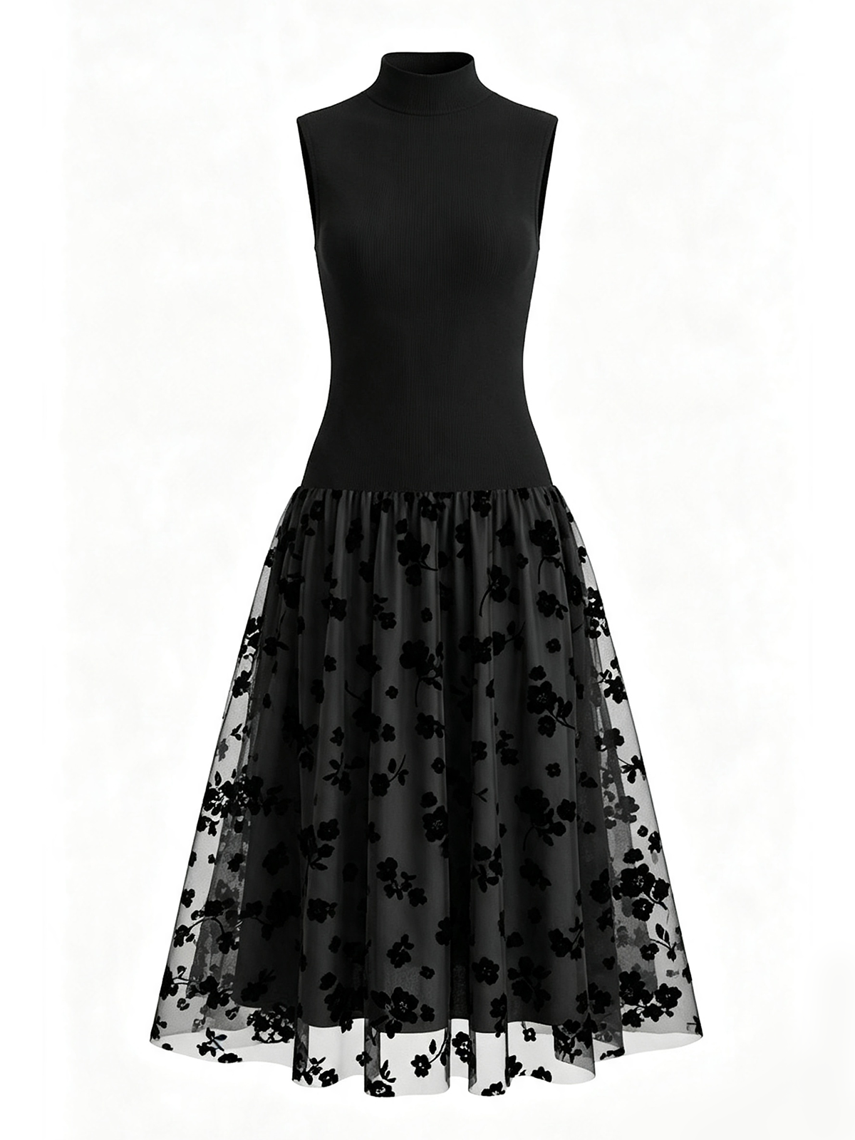 Annwen high-neck flocked tulle midi dress in Black, front product view