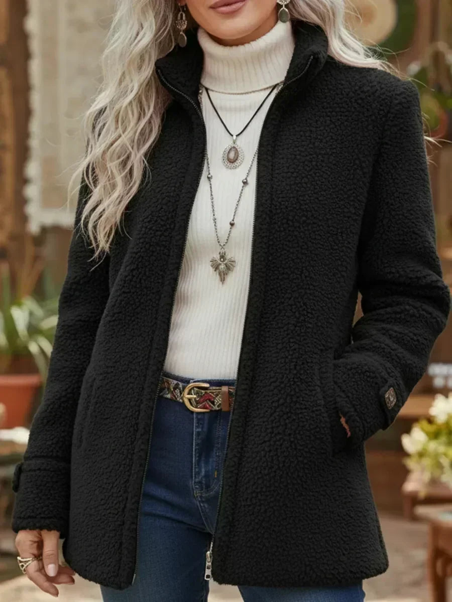 Judith stand-collar zip jacket in black, front view worn open