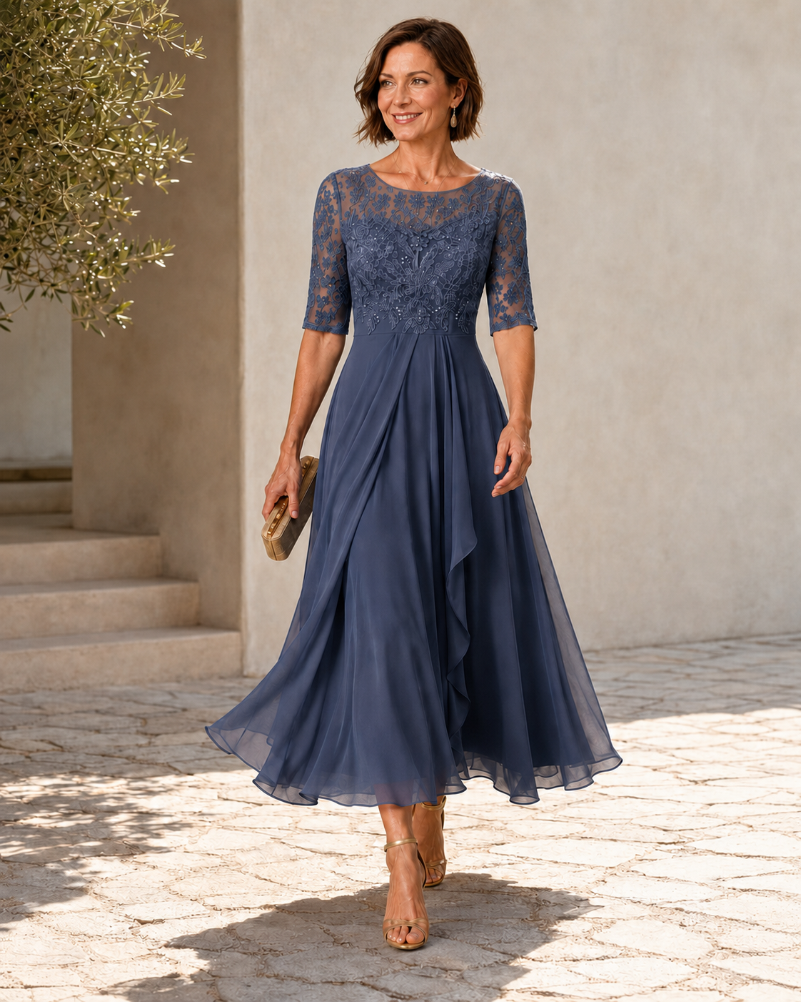 Rose lace and chiffon midi dress front view