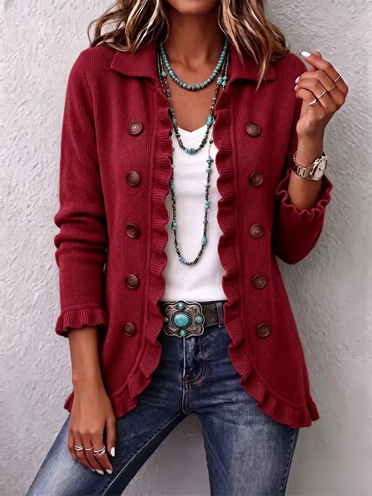 ROSALÍA | RUBY RED KNIT RUFFLE JACKET