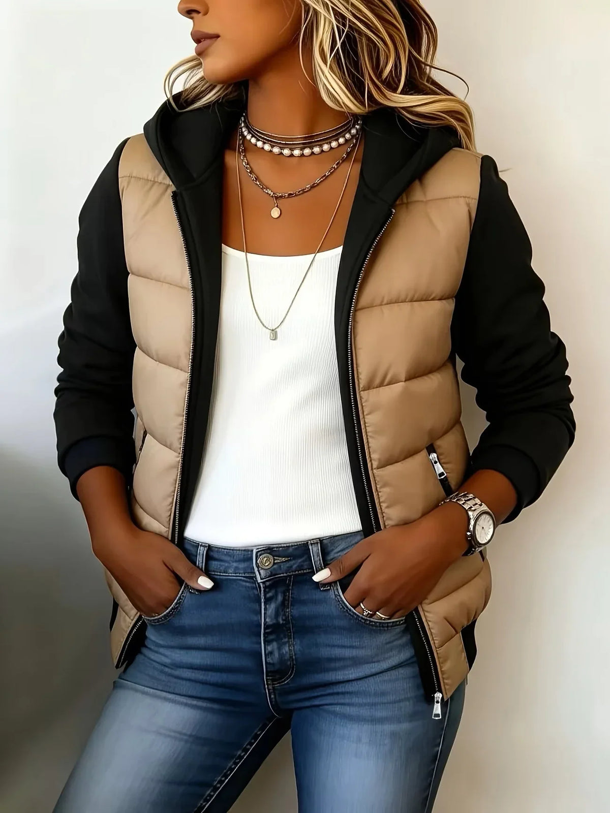 Perpetua hooded padded layered jacket in Khaki