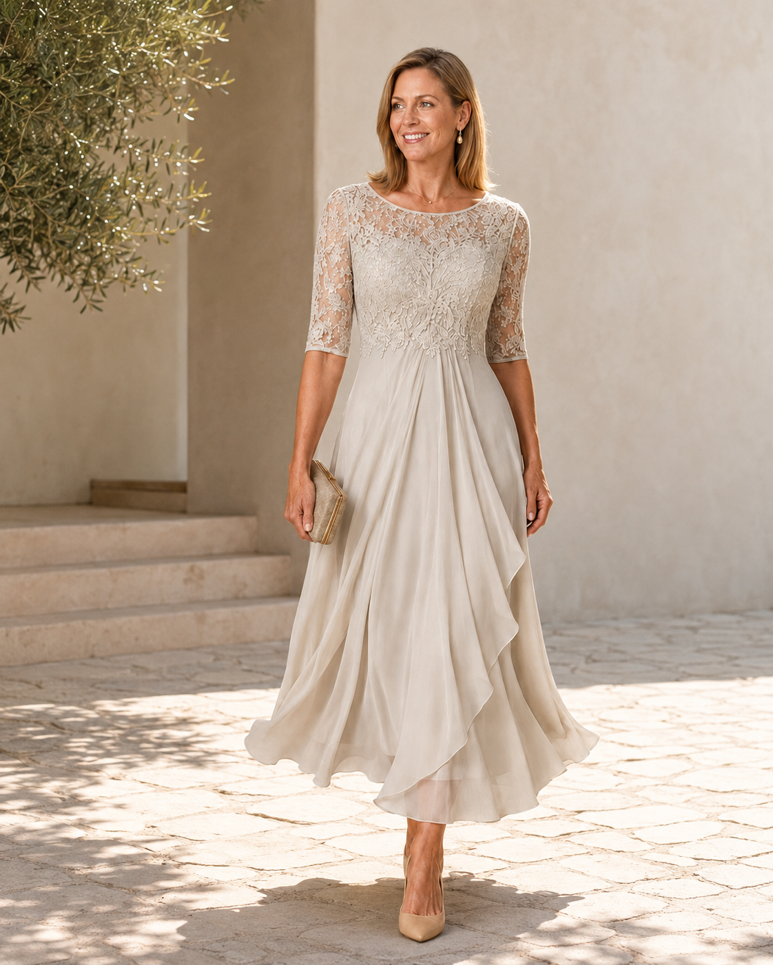Rose lace and chiffon midi dress, view 5