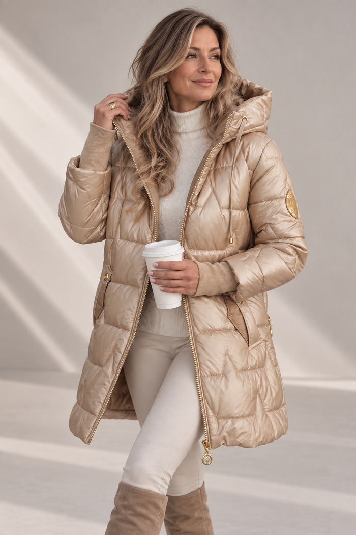 Jemima hooded puffer jacket in beige, front view with star-shaped quilting
