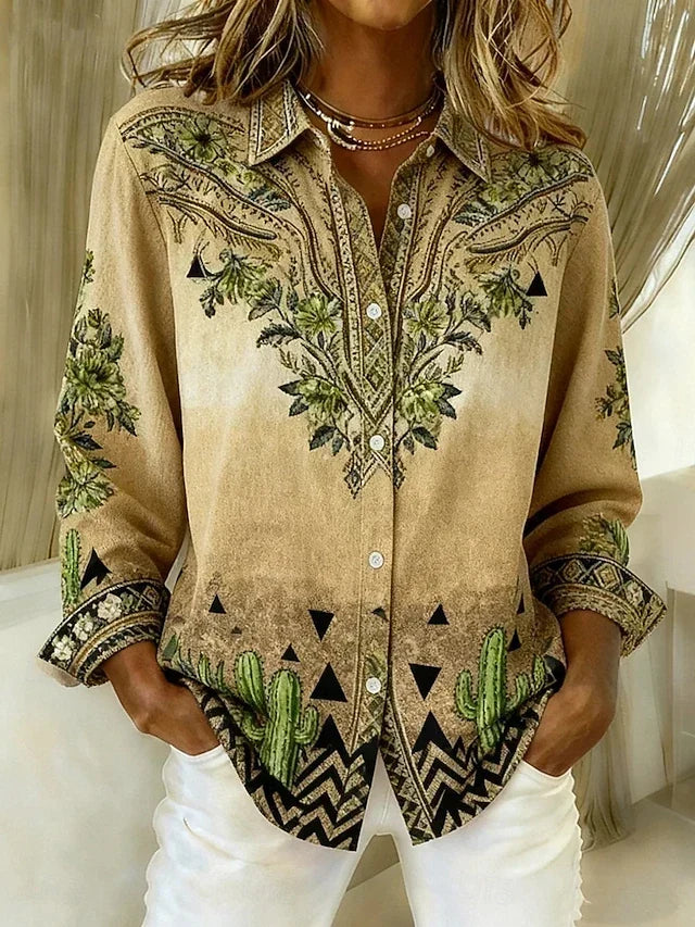 Tucson Western floral blouse in green cactus print, front view