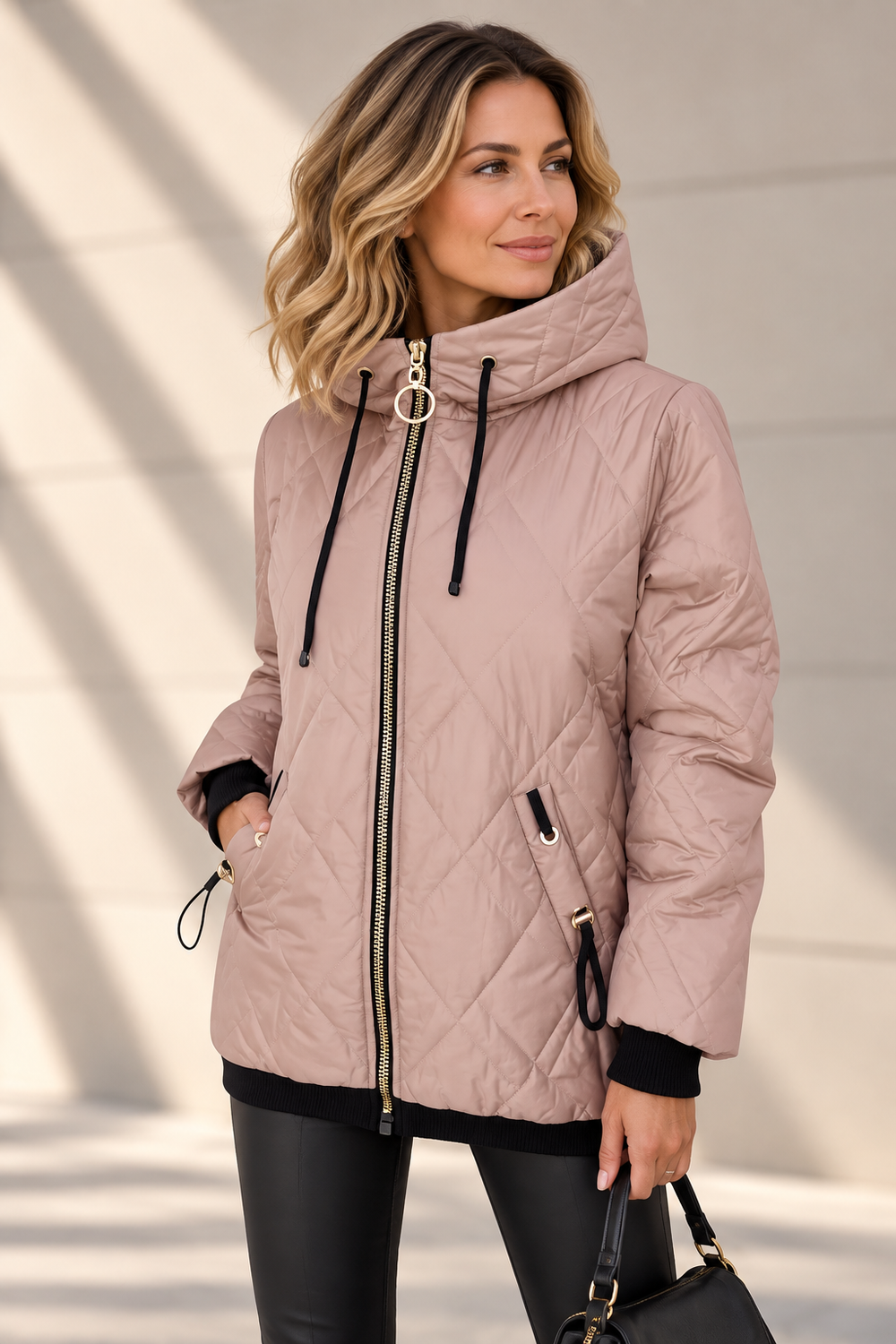 Esther diamond-quilted hooded jacket in pink, front view with ring-pull zip