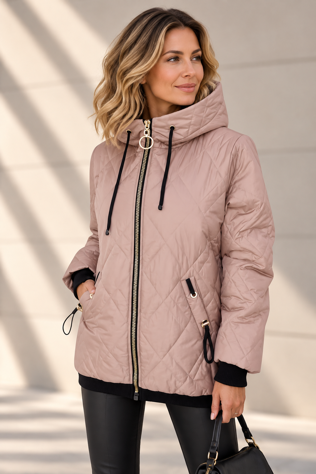 Esther diamond-quilted hooded jacket in pink, front view with ring-pull zip