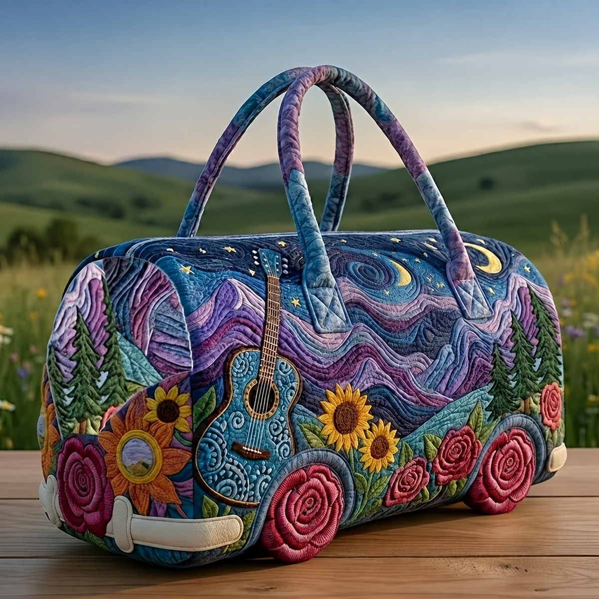 Melodyvana quilted travel duffle bag with starry sky, guitar and sunflower print